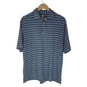 FootJoy Mens Golf Polo Shirt Blue Striped Stretch Button Short Sleeve Collared L